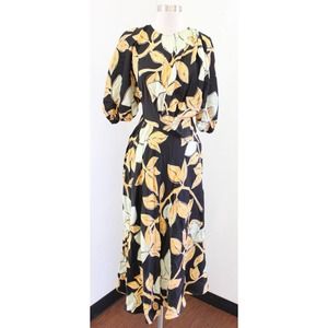 Stine Goya Aubrie Lemon Floral Print Draped Midi Maxi Dress Size S Black